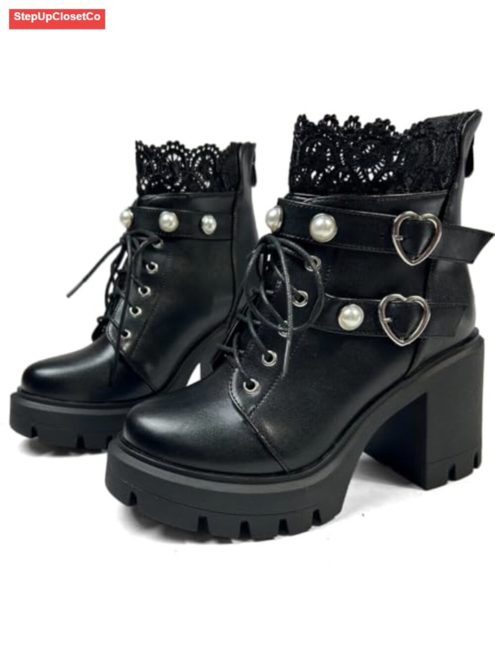 Women's Gothic Platform Combat Boots with Chunky Heel, Lace & Pearl Details,